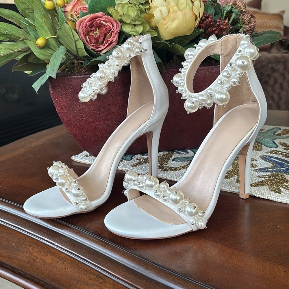 Brand New Faux Pearl Open Toe Ankle Strap Back Zip Stiletto Heel Sandals Wedding - Picture 6 of 16